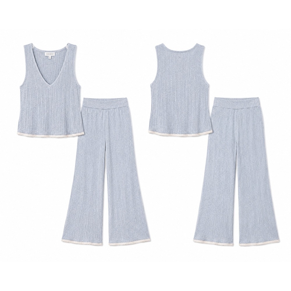 Light Blue Ribbed Knit Lounge Set Wide Leg Pants Medium Cozy Chic Resort Wear - Picture 5 of 5